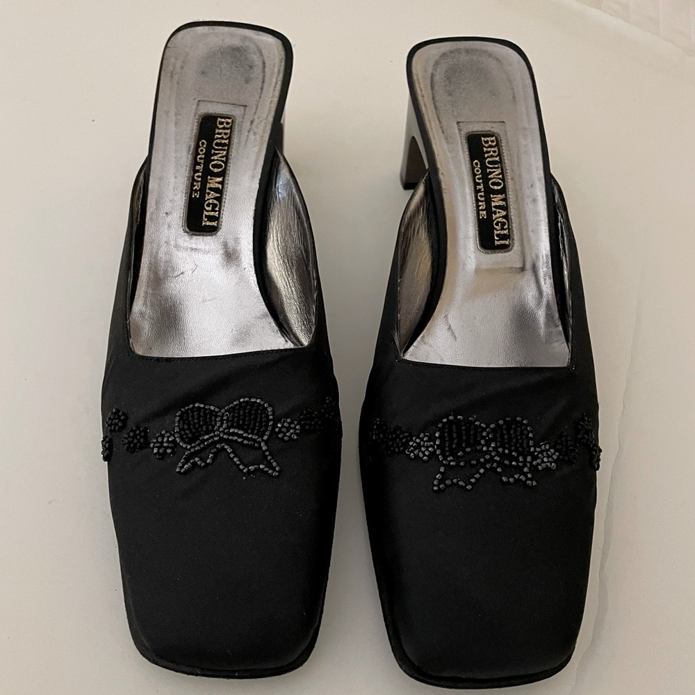 Bruno Magli Couture Italian Silk Leather Evening Slides Black Beaded